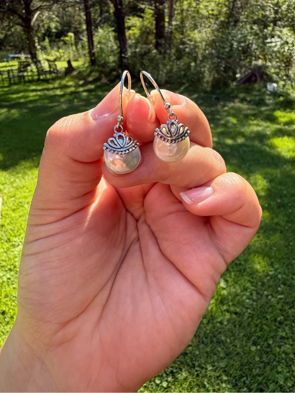 925 Sterling Silver White Pearl Drop Earrings with Silver Crown Accents